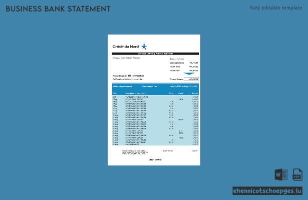 Beispiel eines Kontoauszugs für Unternehmen von Credit du Nord (Word- und PDF-Datei)